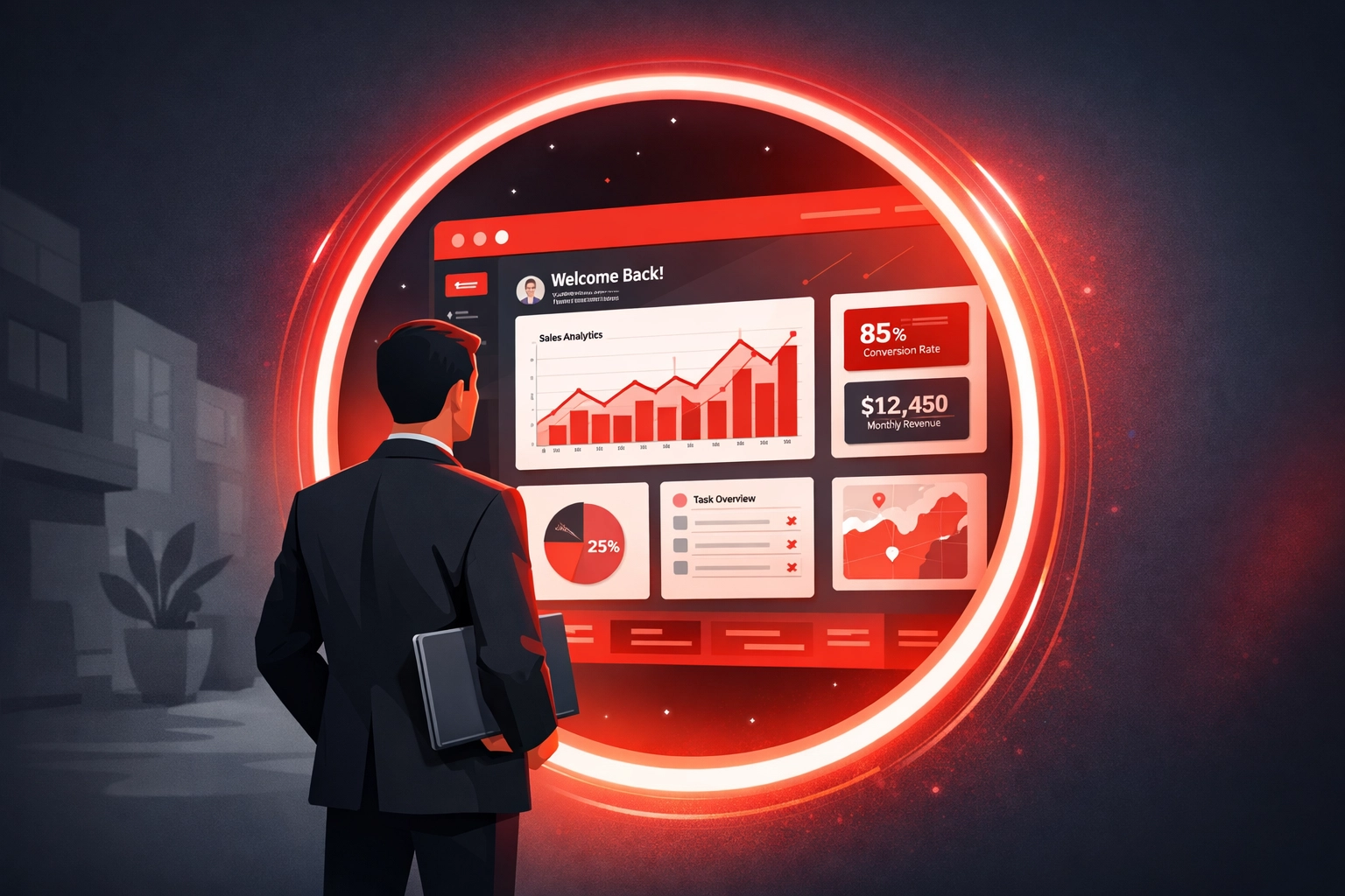 Professional viewing a high-performance website interface through a digital preview tool portal.