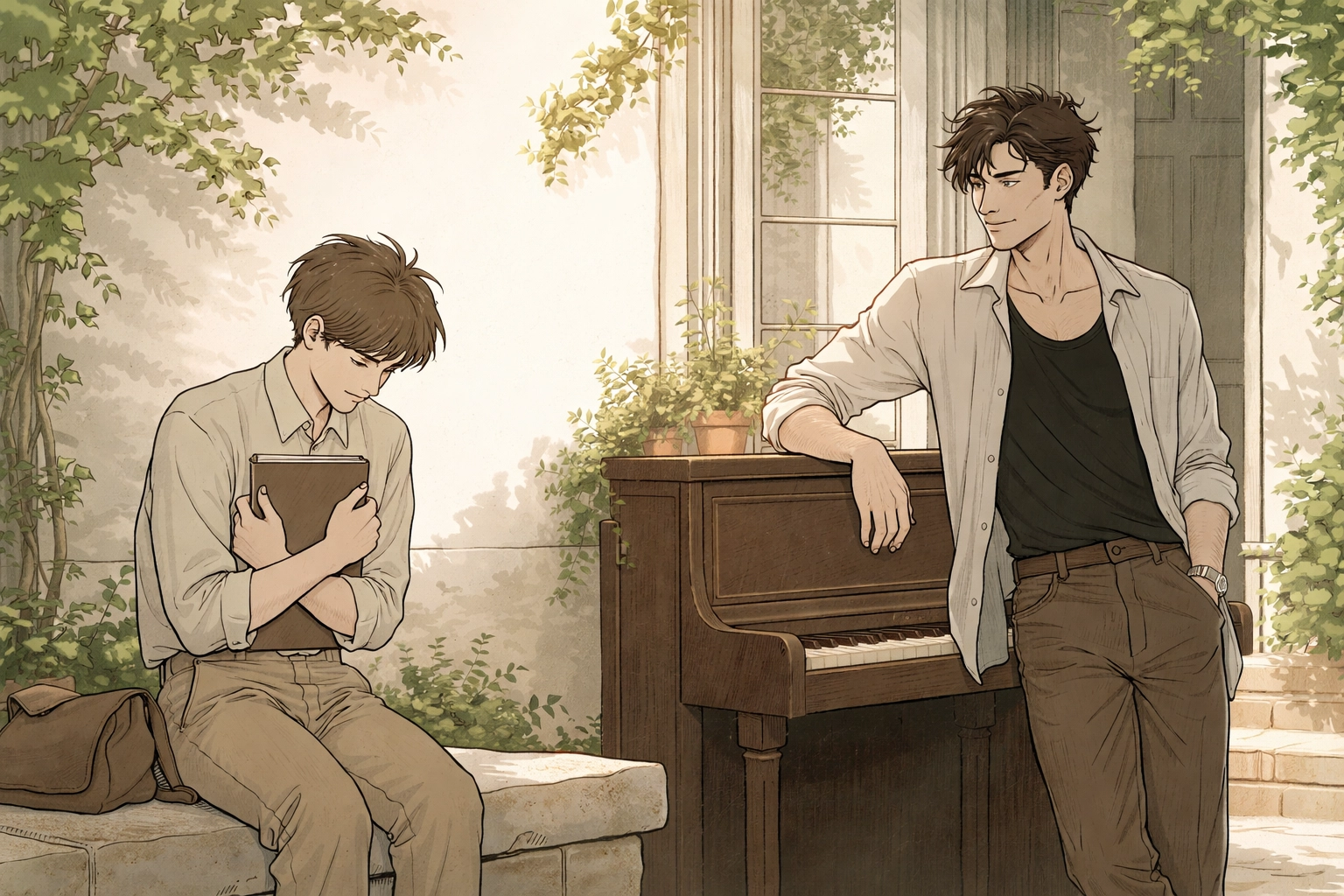 Contrasting MM couple, one shy teen and one confident pianist, share a tense, romantic moment in a sunlit courtyard.