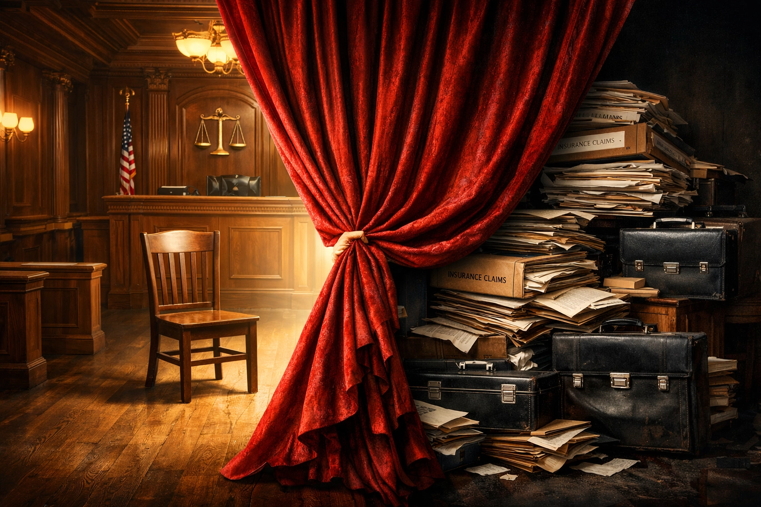 A theater curtain splitting a courtroom to reveal hidden insurance evidence in a trial.