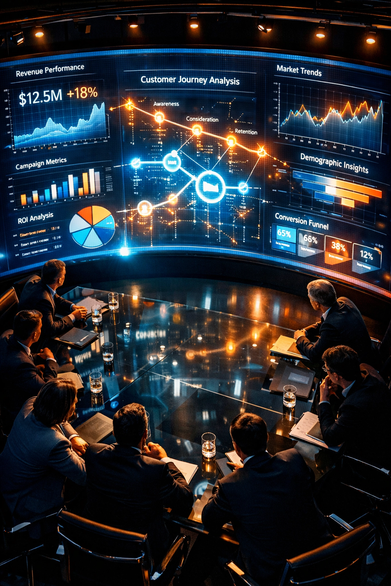 CMOs reviewing Super Bowl marketing ROI analytics on digital dashboards in boardroom meeting