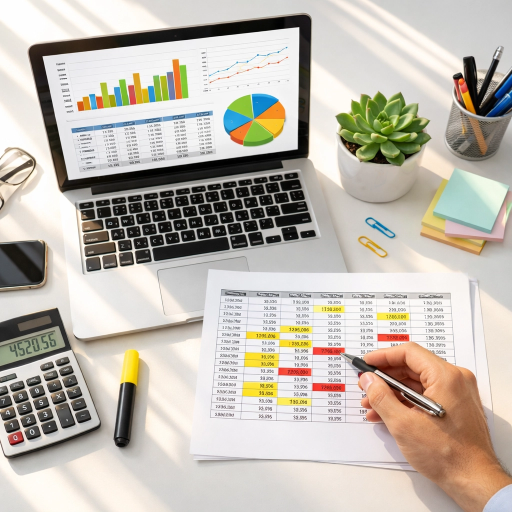 Professional bookkeeper reviewing AI bookkeeping results and checking for accounting errors on spreadsheet