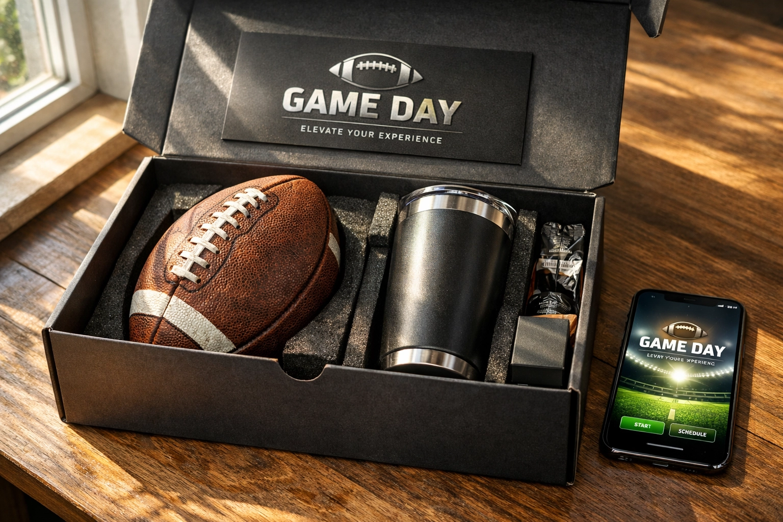 Premium game-day marketing box with football gear and a synchronized mobile digital experience.