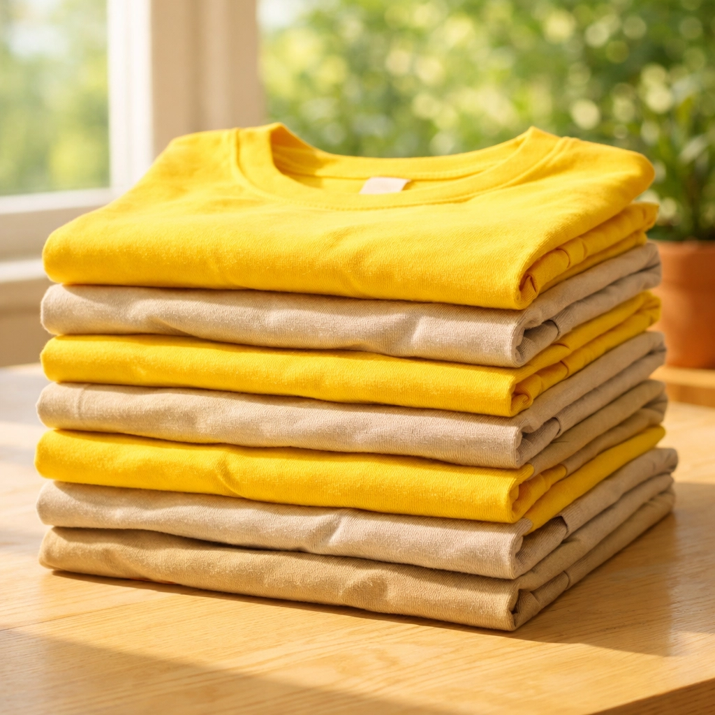 Neatly folded stack of premium cotton summer camp t-shirts in bright yellow and neutral sand tones.