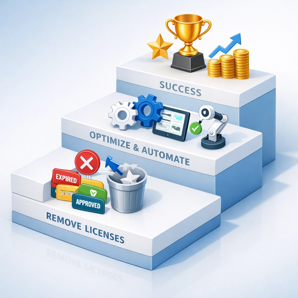 Three-phase ServiceNow license optimization roadmap showing progressive cost reduction stages