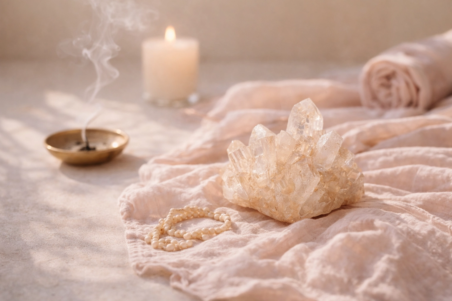 Grounded real-life close-up lifestyle photograph of a spiritual still life with a single crystal, soft pink linens, and golden morning light on a neutral surface, with no people or hands.