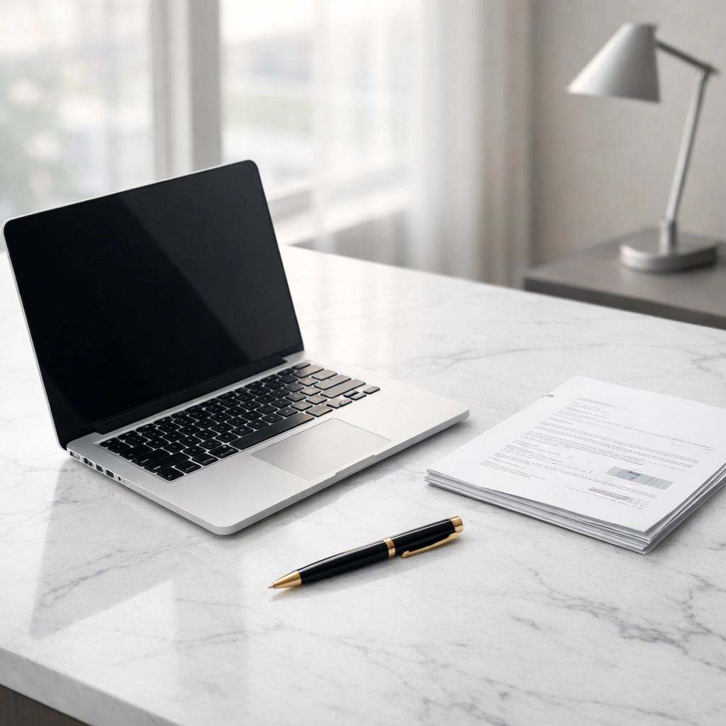 Professional tax office setup showing a laptop and documents for IRS EFIN compliance and security.