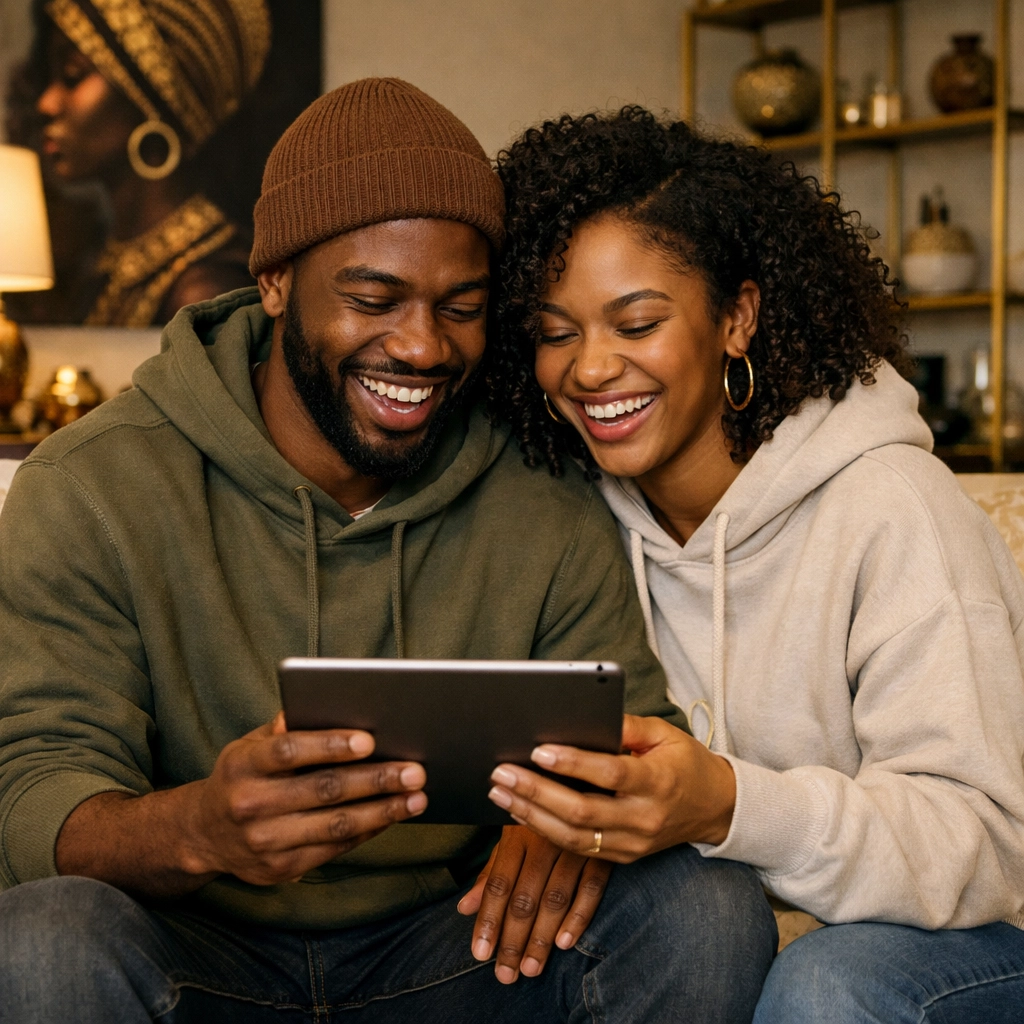 Happy Black couple wearing motivational fashion while shopping together on a tablet.