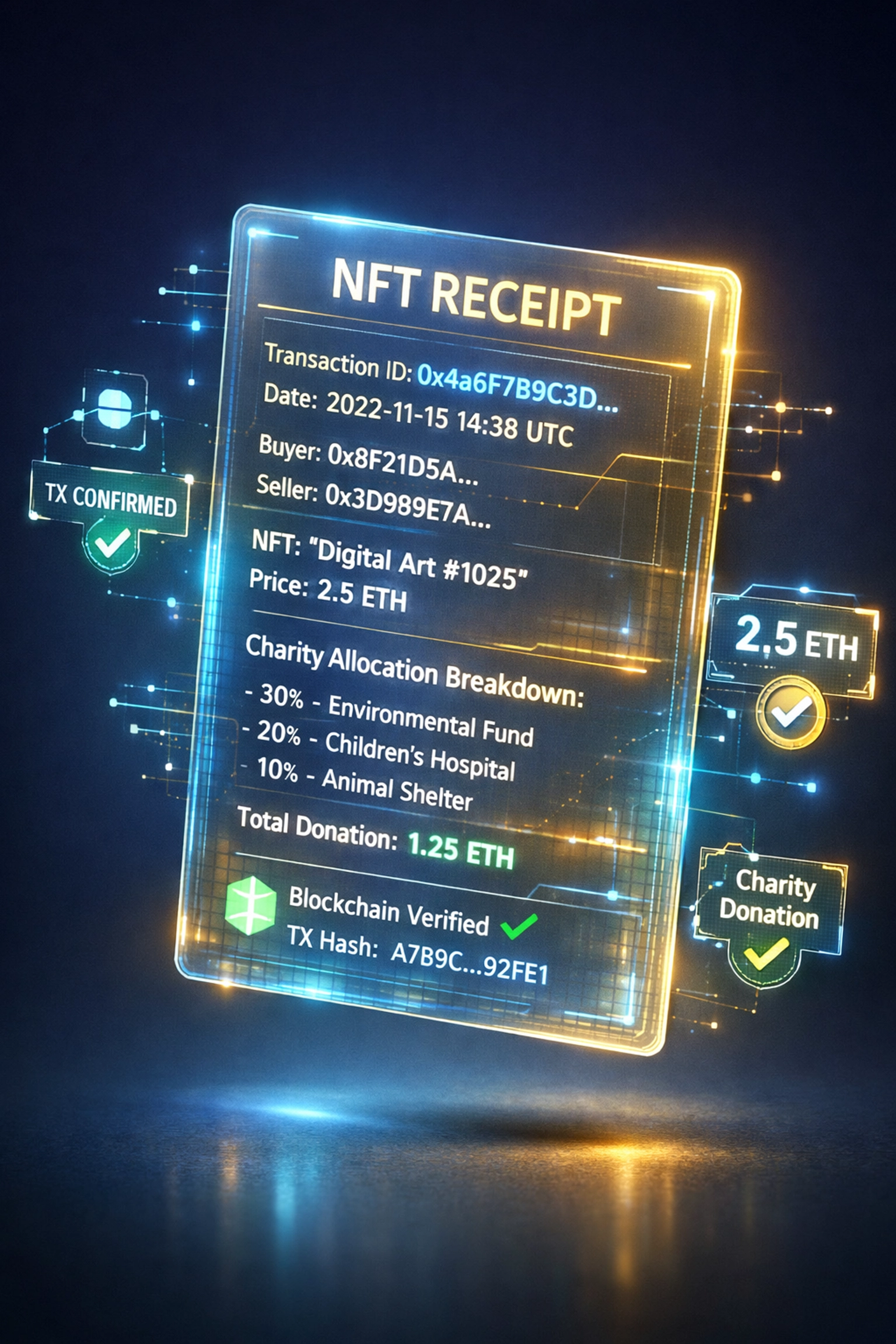 Larecoin NFT receipt showing transparent blockchain transaction data and charitable allocation
