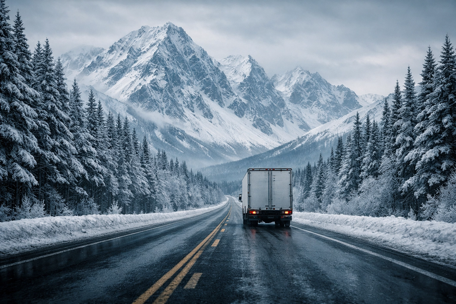 Delivery truck on a snowy Alaskan highway, highlighting extra expense coverage for essential services.