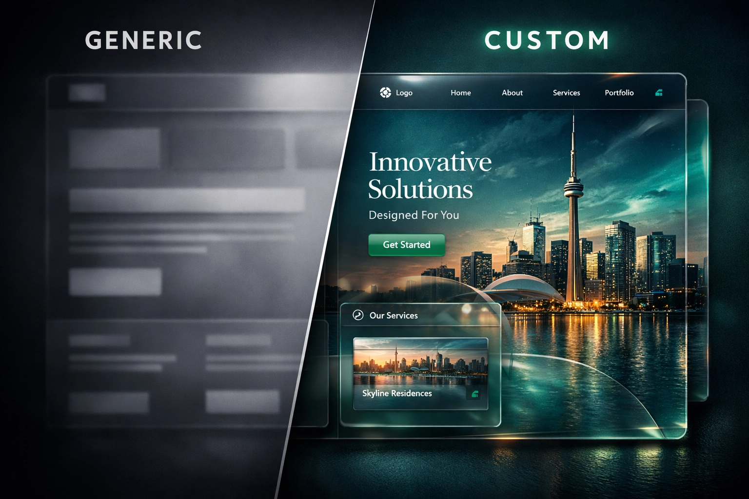 Comparison of a professional custom Toronto website design and a generic template for local business authority.