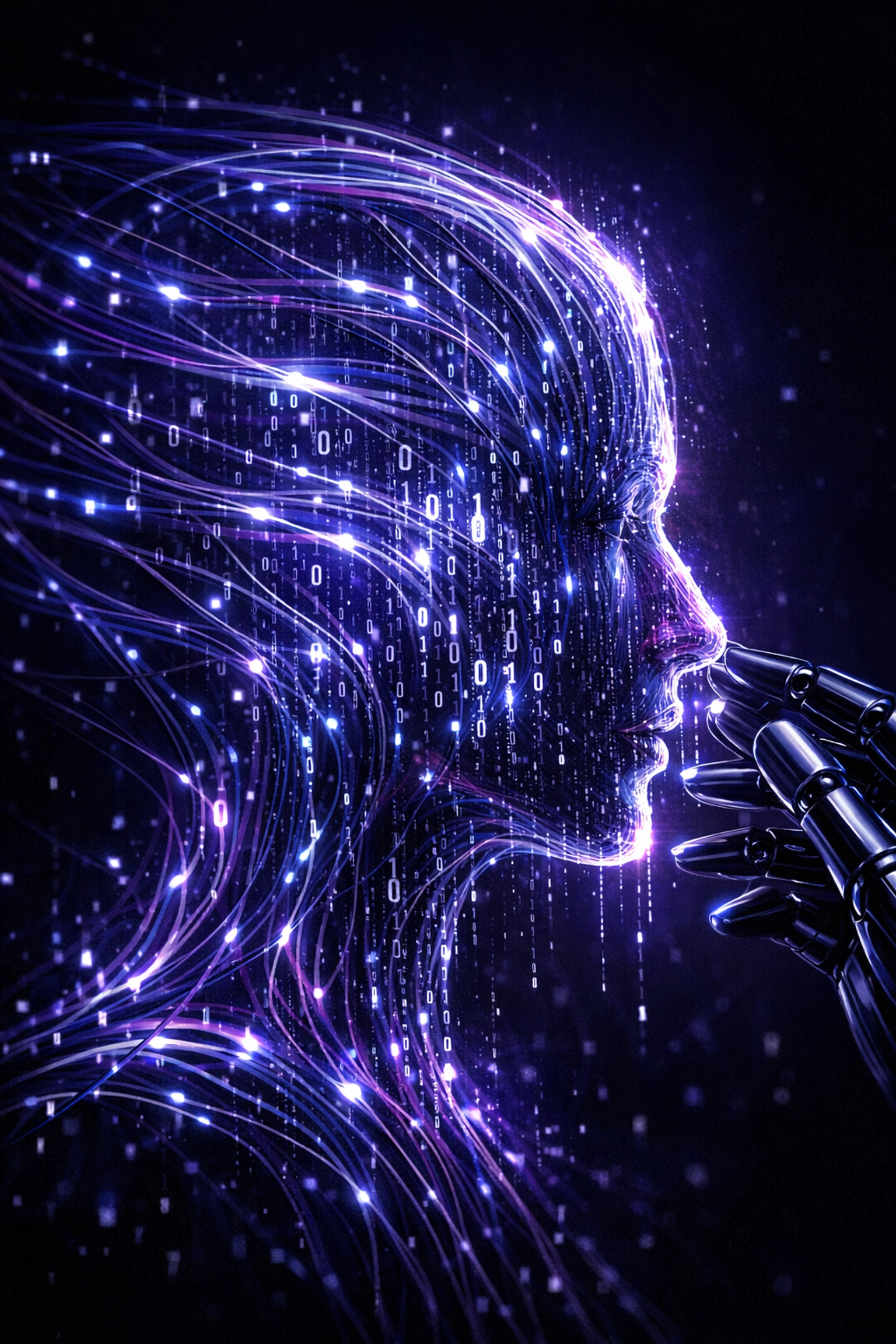 A digital simulation of human consciousness made of glowing data streams and binary code.