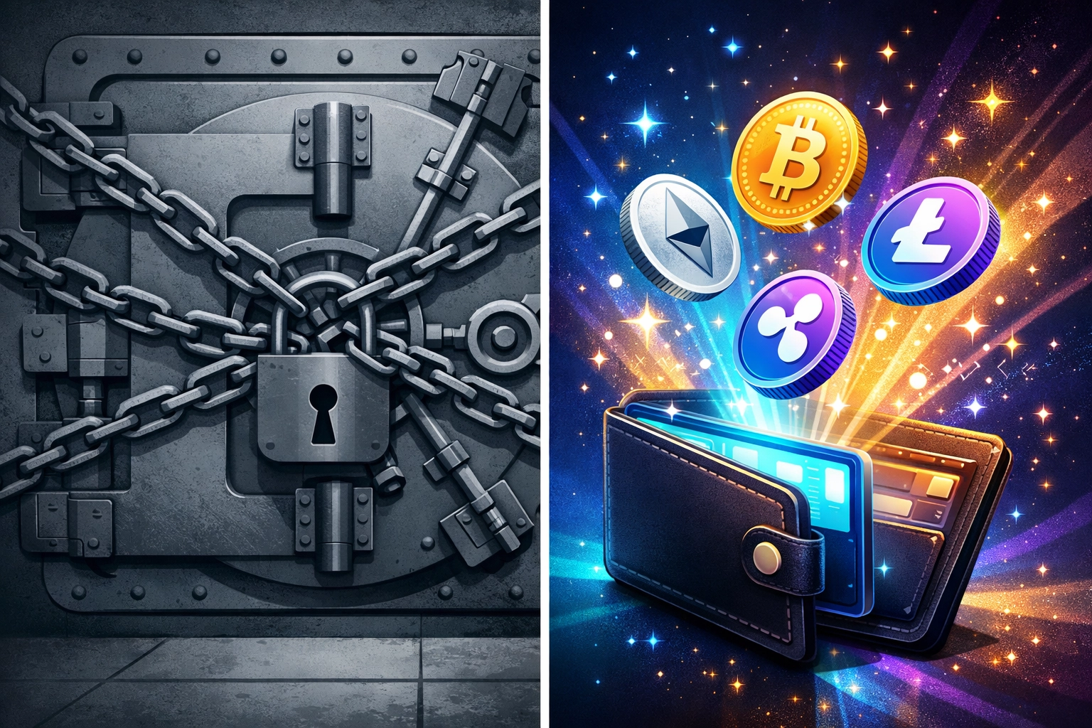 Custodial vs self-custody crypto payments: traditional bank vault contrasted with decentralized digital wallet