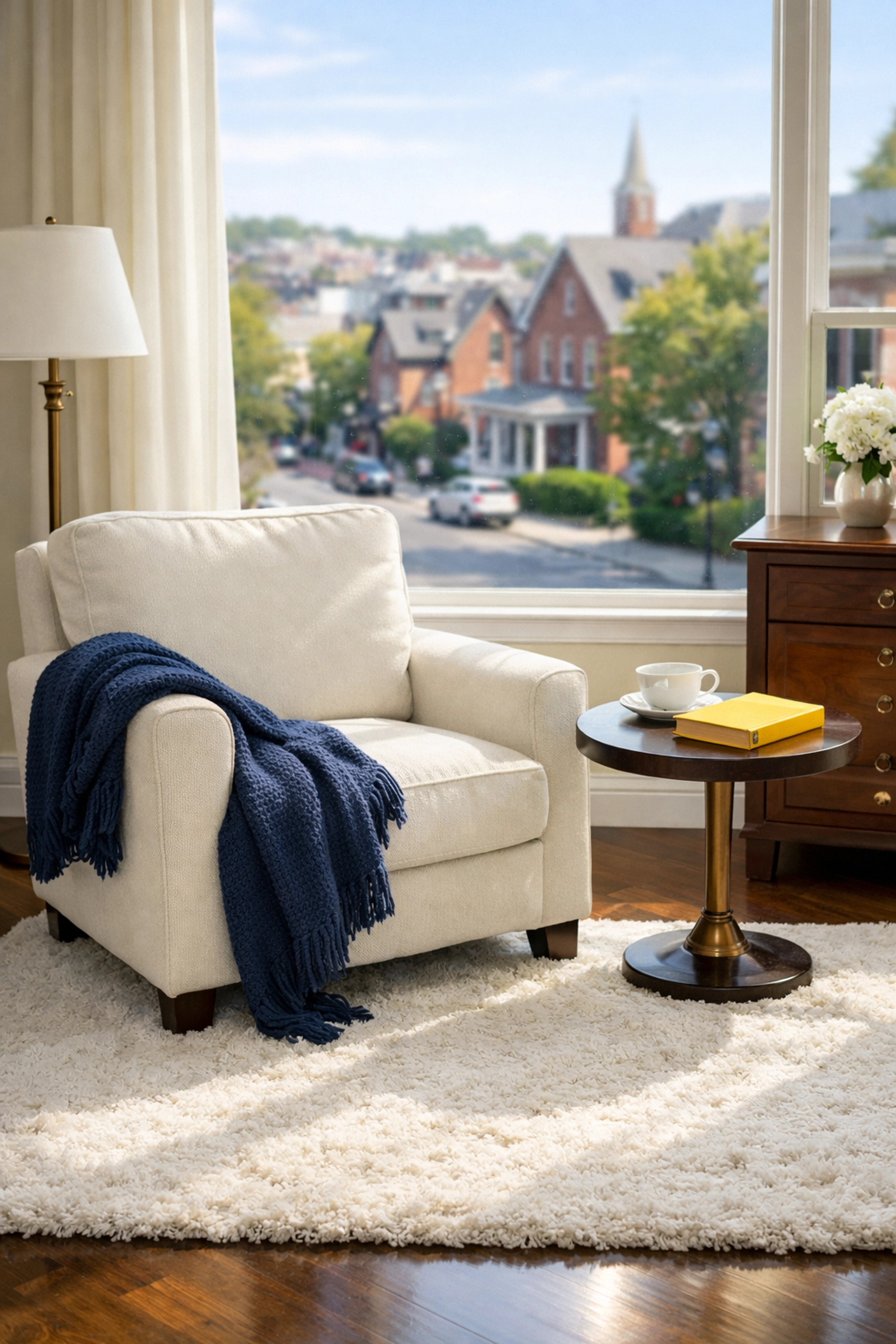 A dust-free bedroom reading nook with freshly vacuumed rug and polished floors in a clean Worcester home.