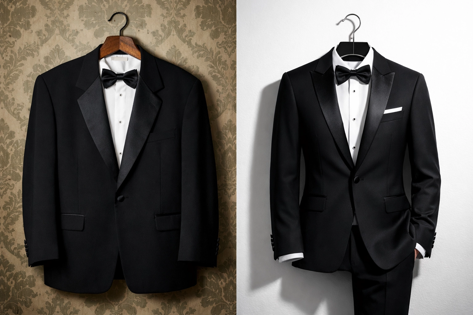 Traditional boxy cut tuxedo versus modern slim-fit jacket rental styles side by side