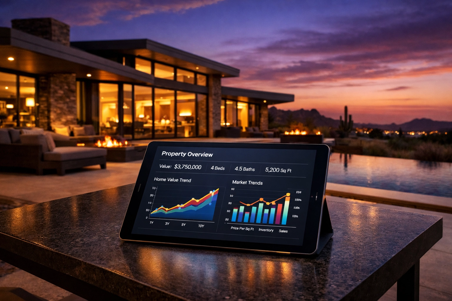 Modern Scottsdale luxury home with a tablet showing property valuation data at dusk.