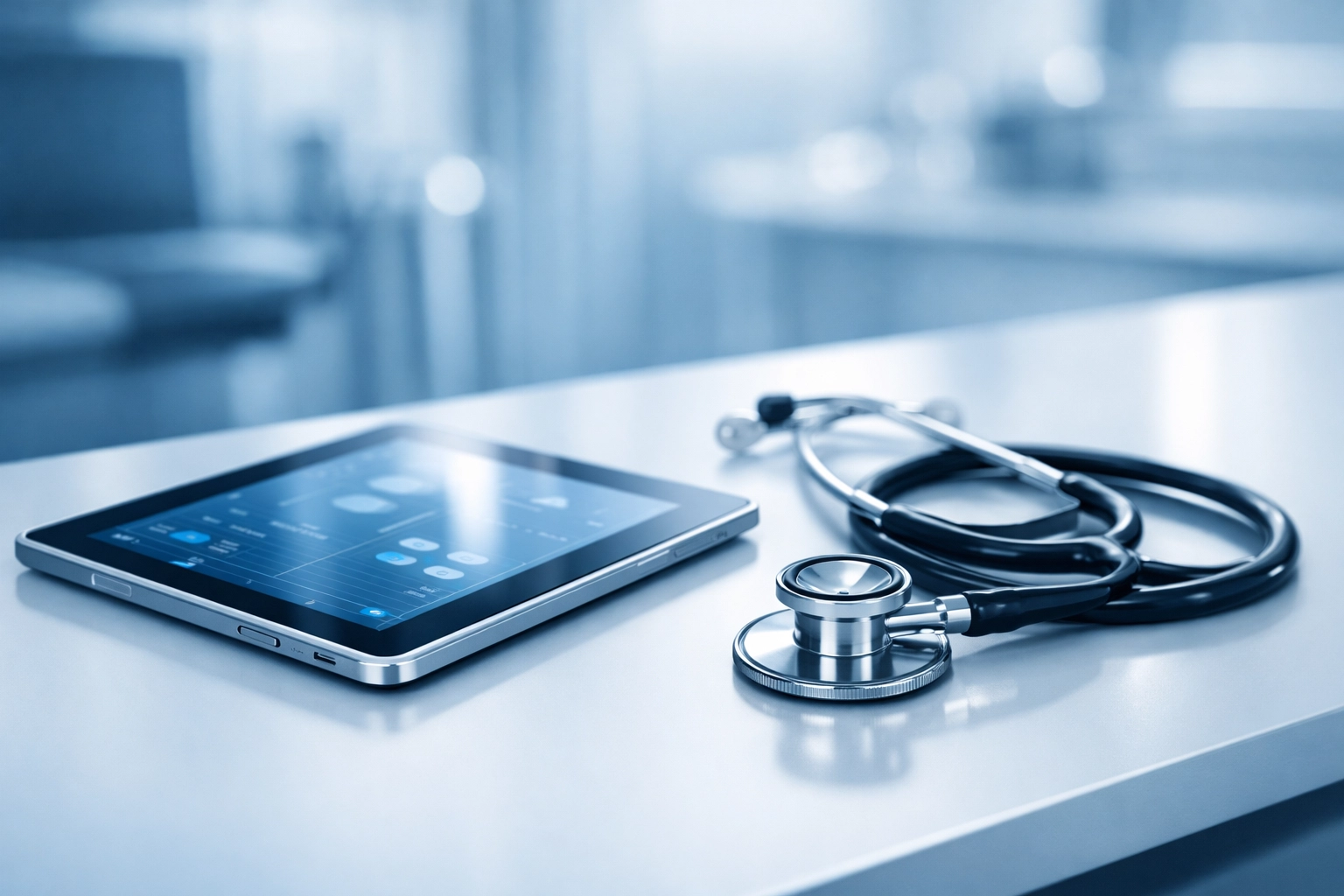 Modern medical consultation desk with a digital tablet for efficient peptide therapy practice management.