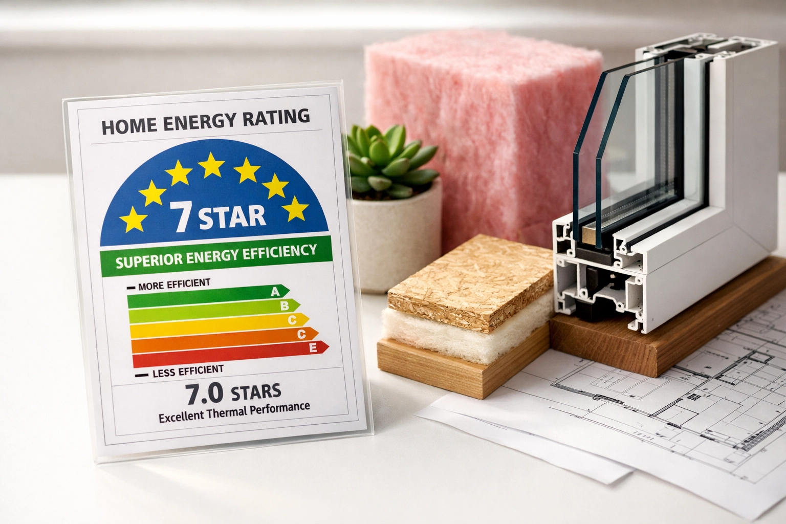 7-star energy efficiency rating certificate with insulation samples for modular homes