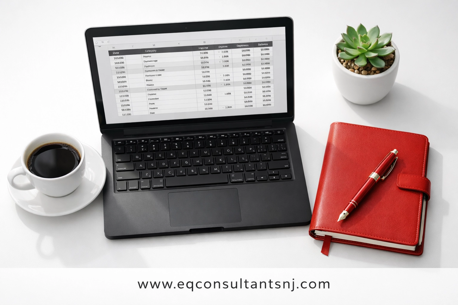 Clean desk with laptop showing financial spreadsheet for small business bookkeeping tasks