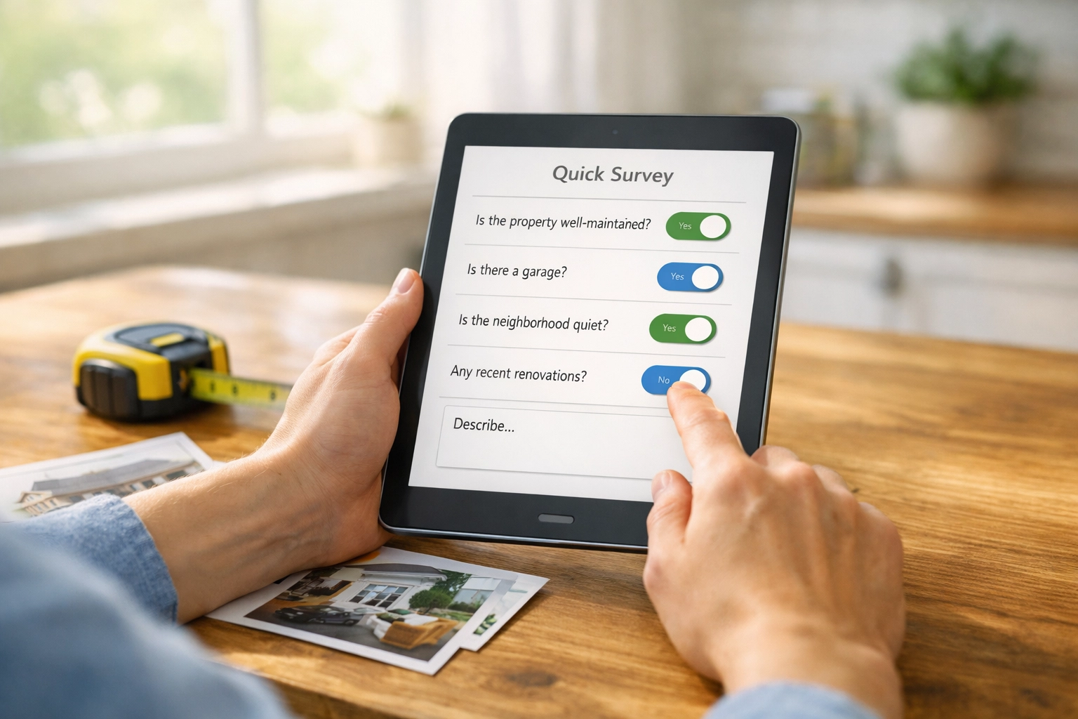 Answering planning permission questions on tablet with property details and measurements