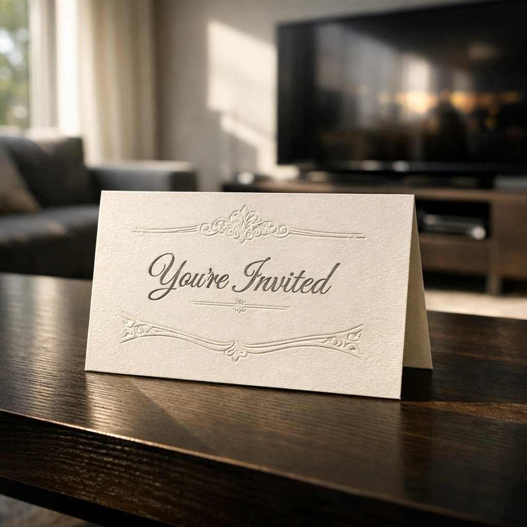 Direct mail teaser invitation on a table, illustrating physical sports media advertising strategies.