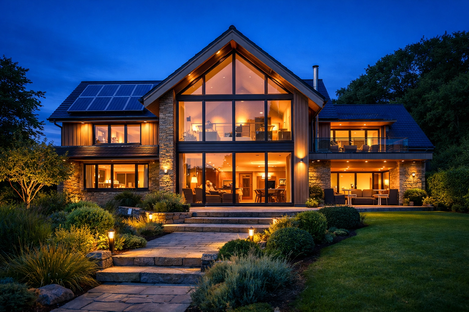 Sustainable modern home at dusk powered by solar energy and smart battery storage systems.