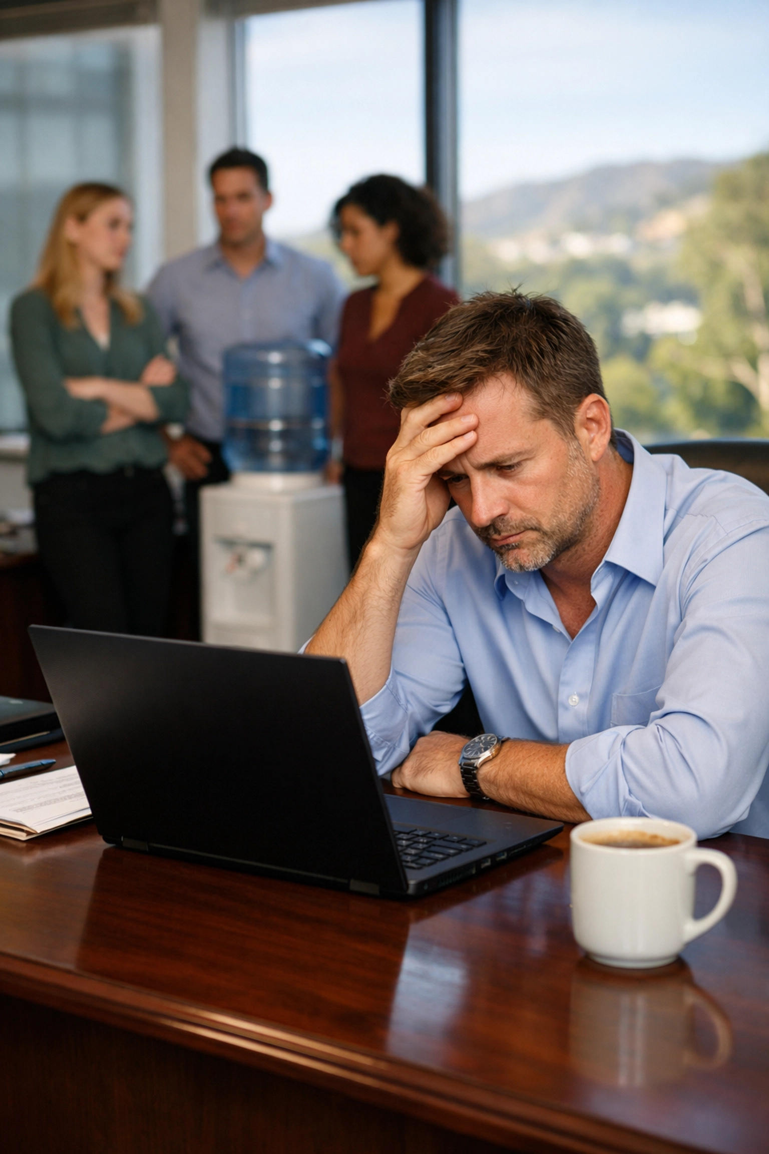 Frustrated Vacaville business owner at a desk during a costly technical shutdown and office downtime.