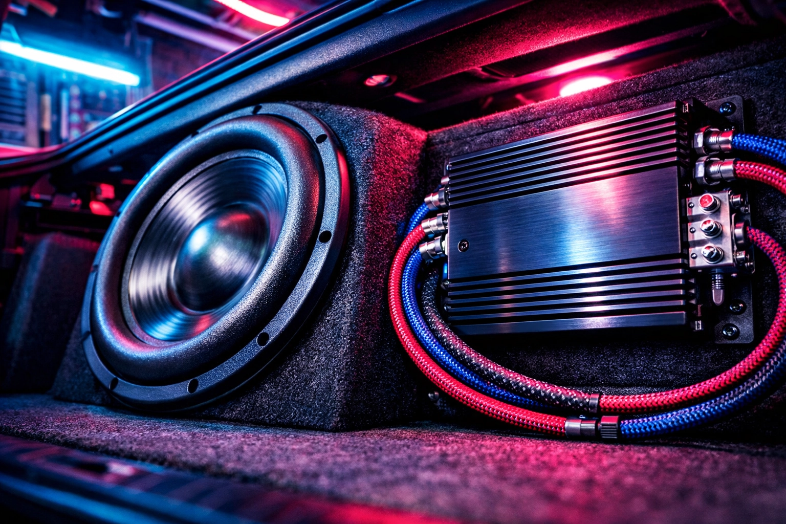 Custom subwoofer and amplifier installation for deep bass by Ultimate Sounds and Tint.