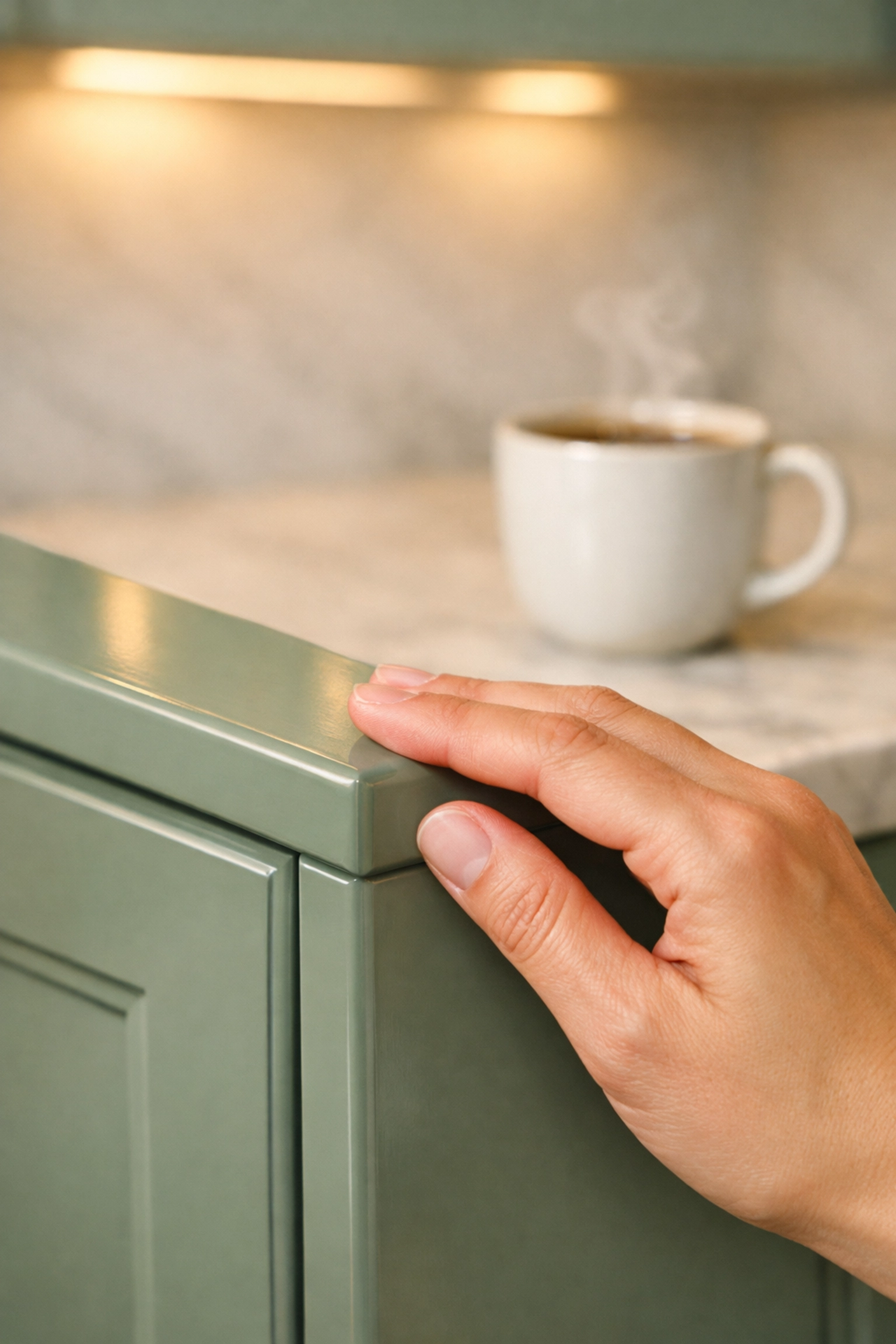 Smooth sage green cabinet door showing the pristine results of high-end cabinet painting in Chicago.