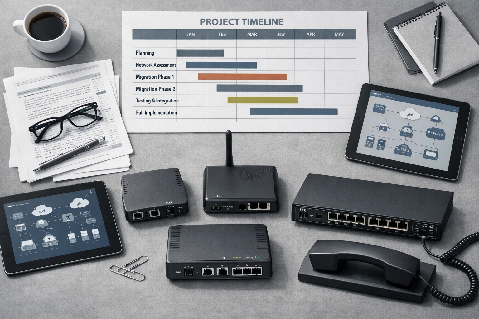 POTS replacement project planning materials and timeline on conference table