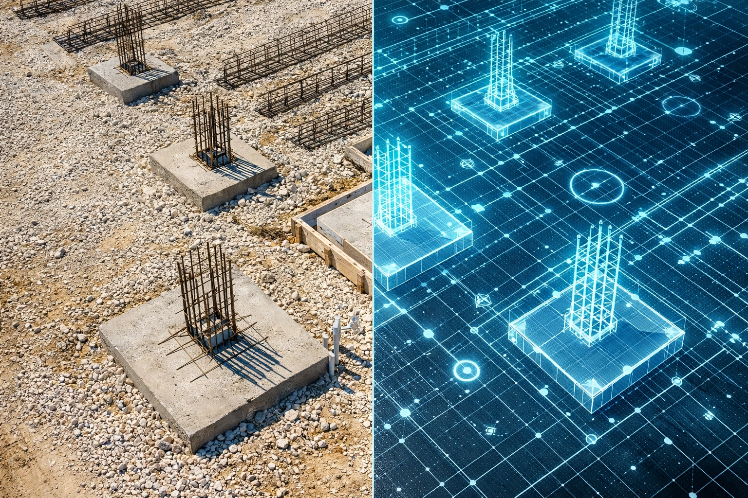 High-resolution drone orthomosaic with digital CAD overlay on a construction site for accurate progress tracking.