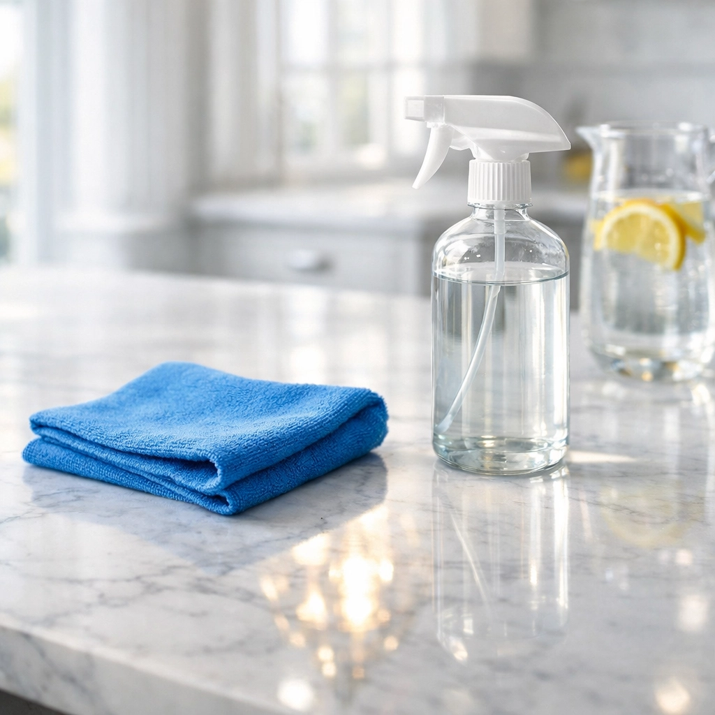 Eco-friendly residential cleaning Massachusetts on a polished marble kitchen island in a Dover home.