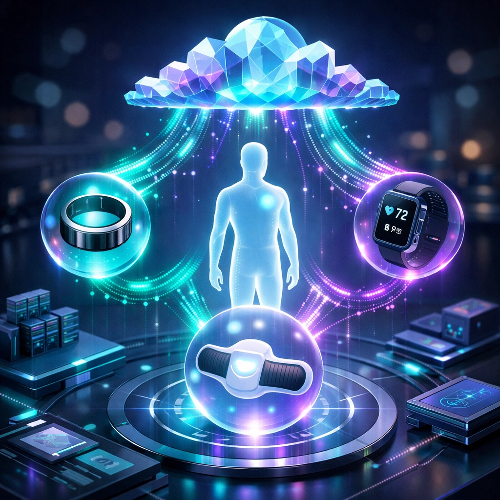 Medical sensors and wearables transmitting real-time health data to a cloud-based monitoring system.