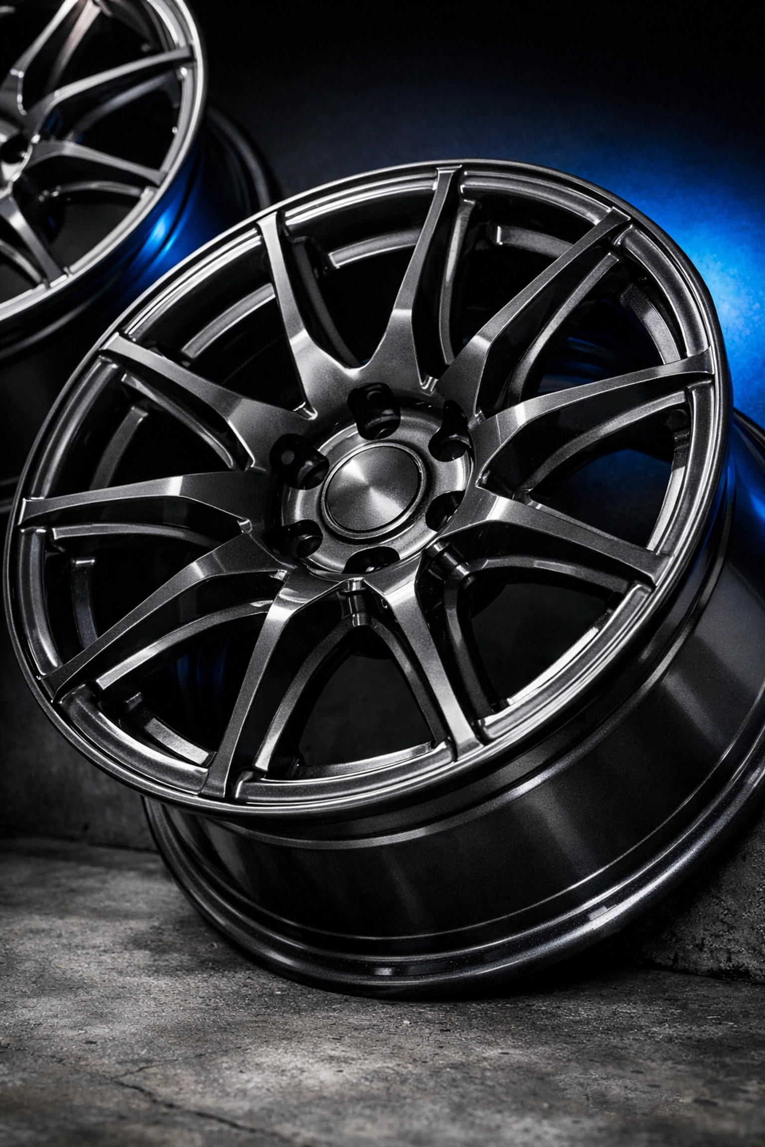Metallic gray powder coated automotive wheels with glossy finish