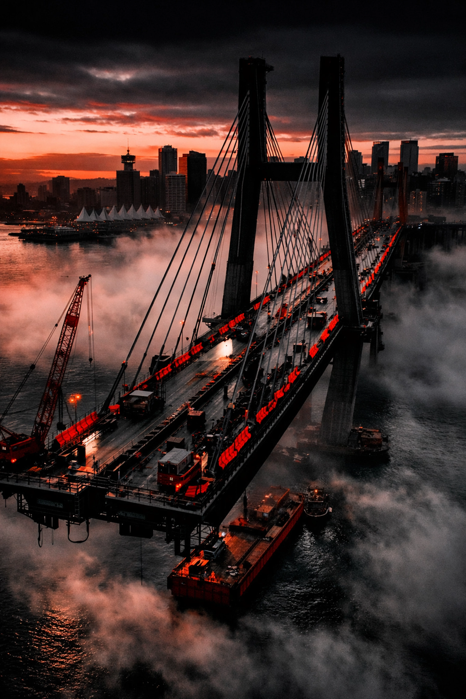 Vancouver Howe Bridge construction site with equipment and harbor views amid ongoing delays