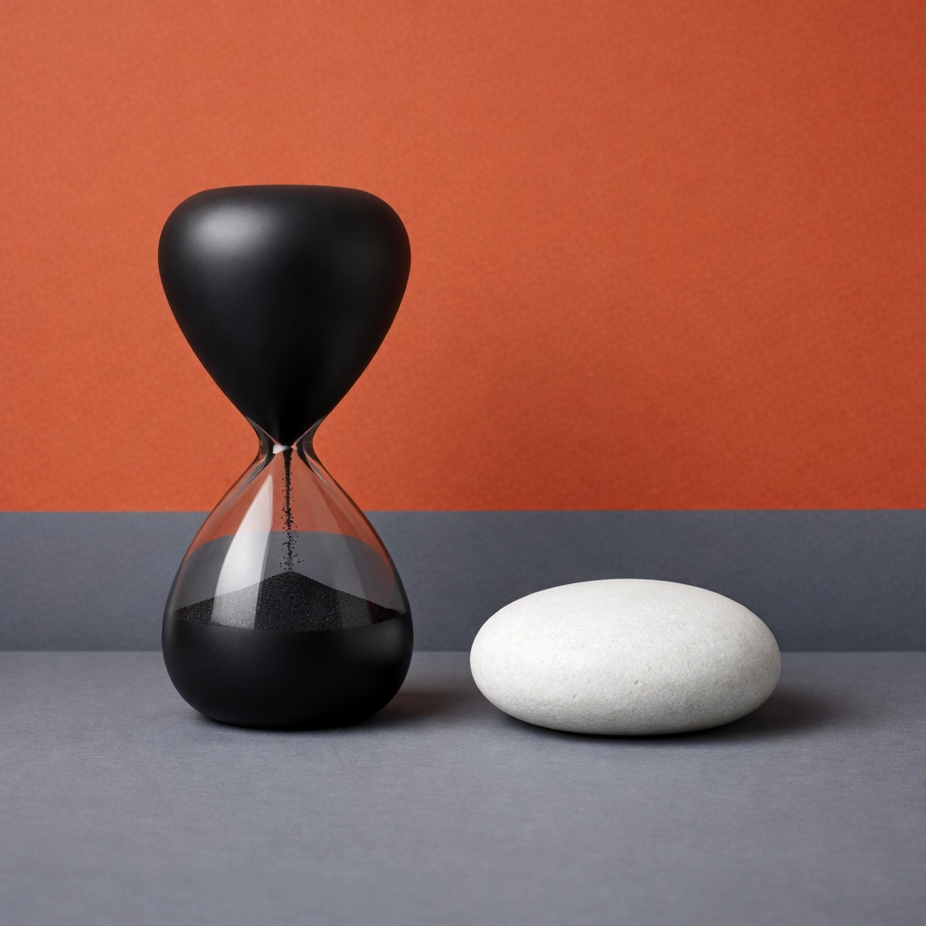 An hourglass and river stone illustrating the balance of time and longevity in strategic recovery.