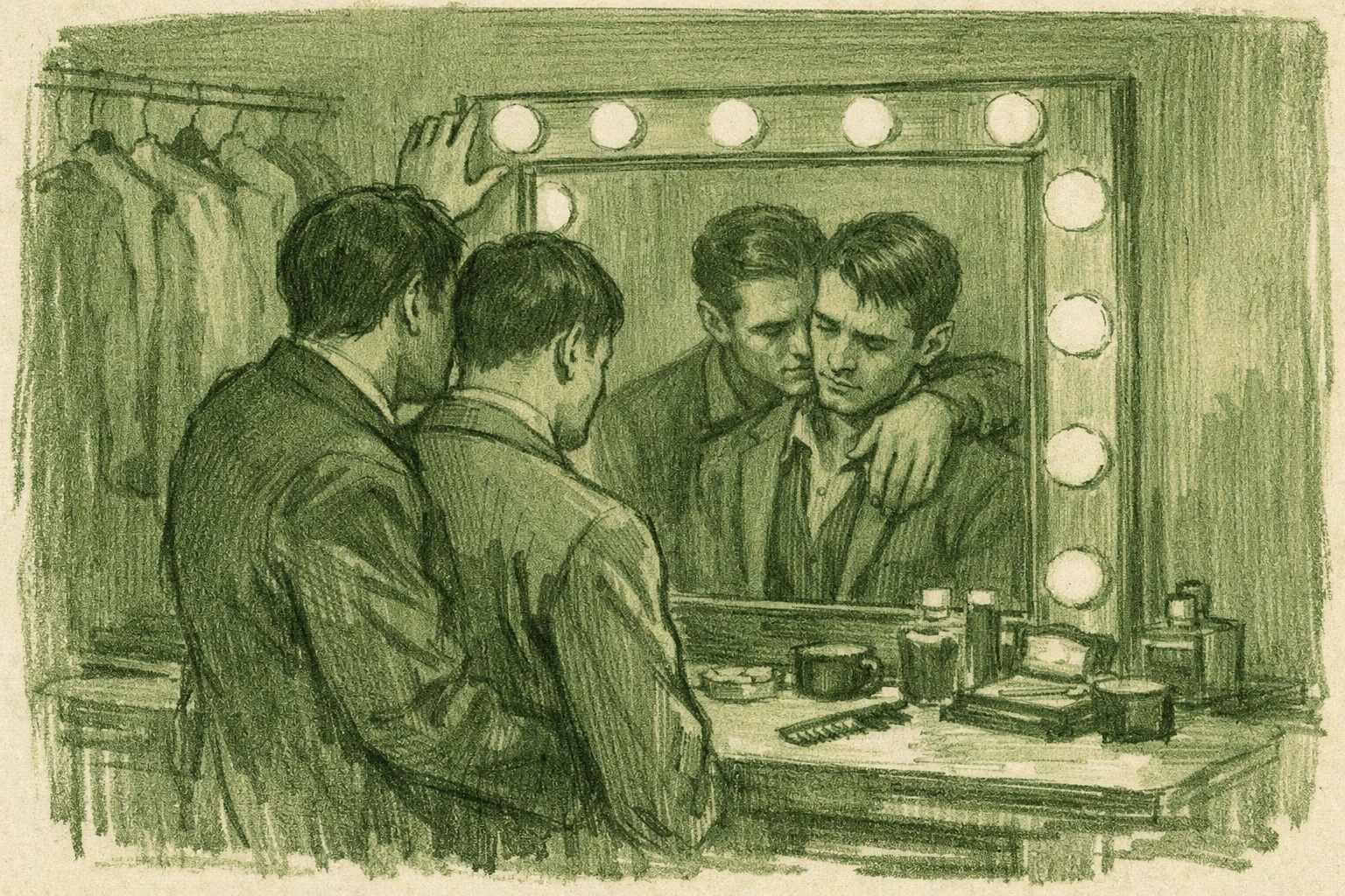 Two men in theater dressing room mirror reflection showing emotional depth in gay romance