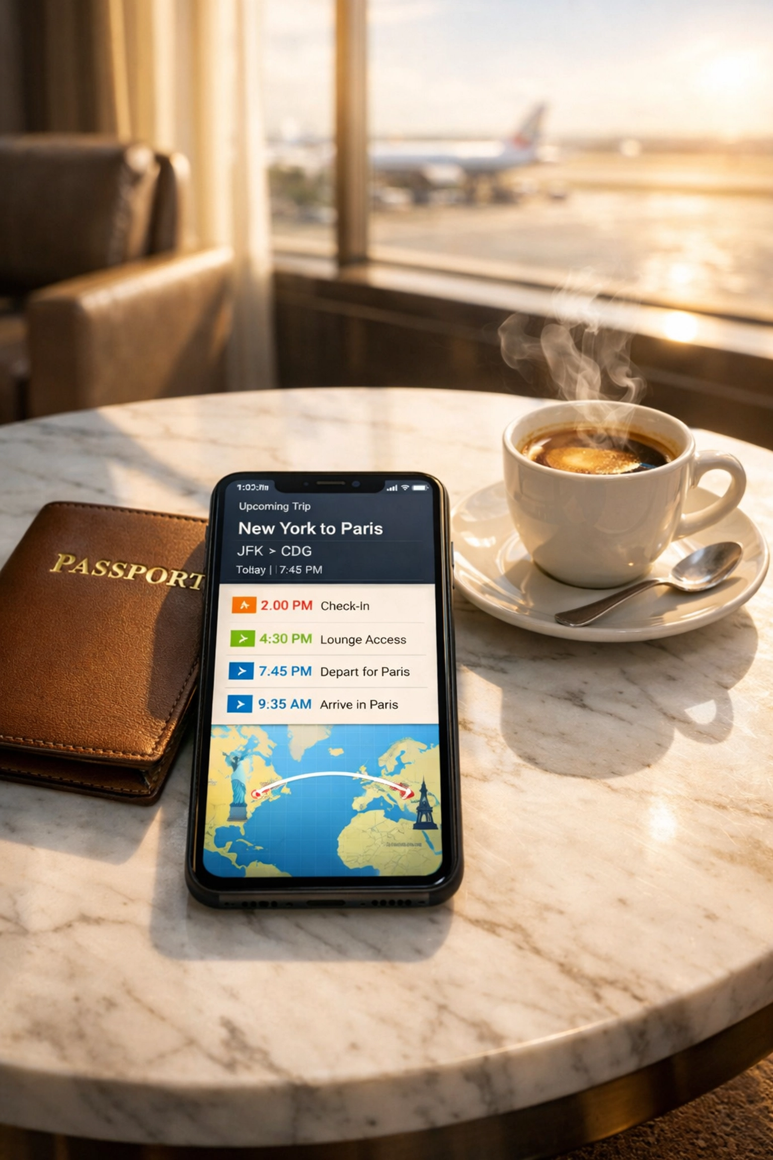 Smartphone with a color-coded automated travel itinerary on a table in a luxury airport lounge.
