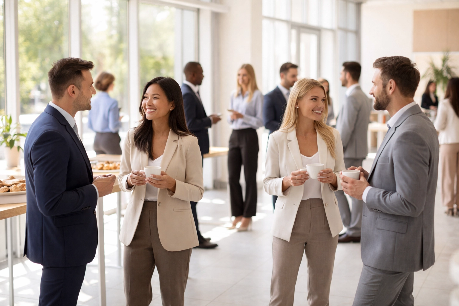 Networking event with professionals conversing in a bright venue, emphasizing joining industry groups