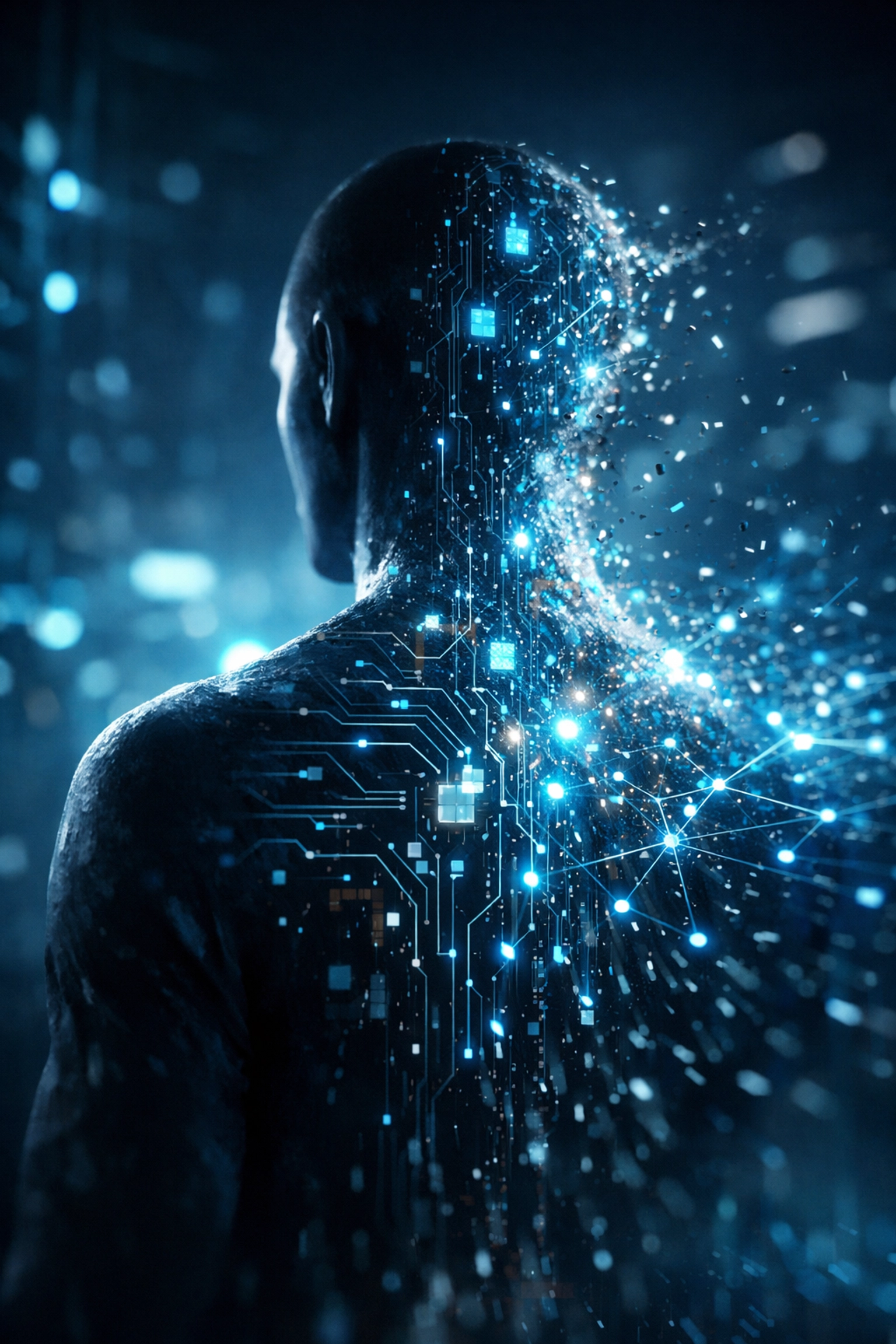 Human figure merging with AI neural networks illustrating symbiosis in dystopian fiction