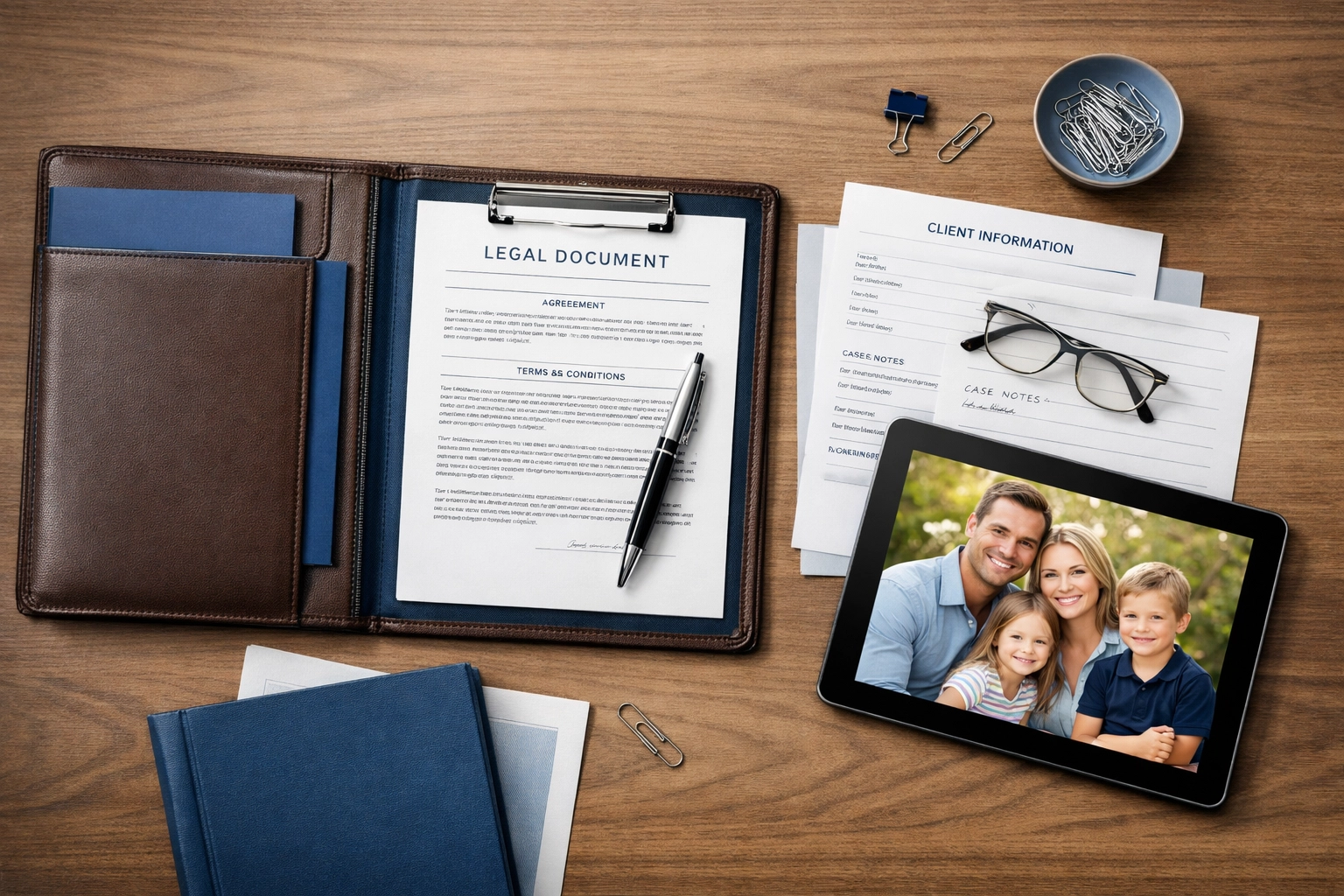 Child custody case documentation and legal preparation materials on desk