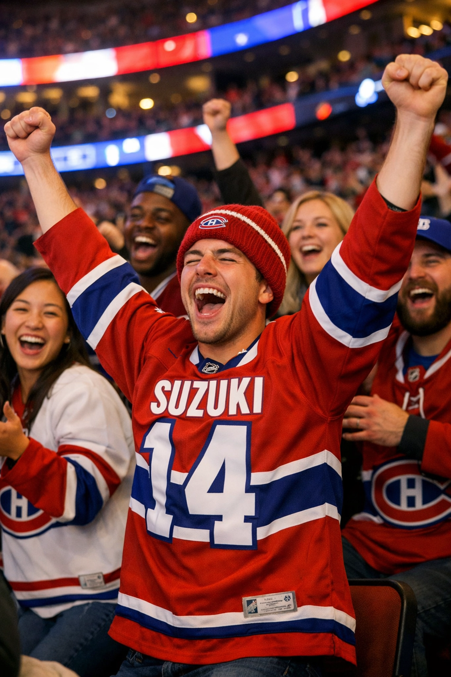 Excited Montreal Canadiens fans cheering and celebrating in the stands at the Bell Centre.