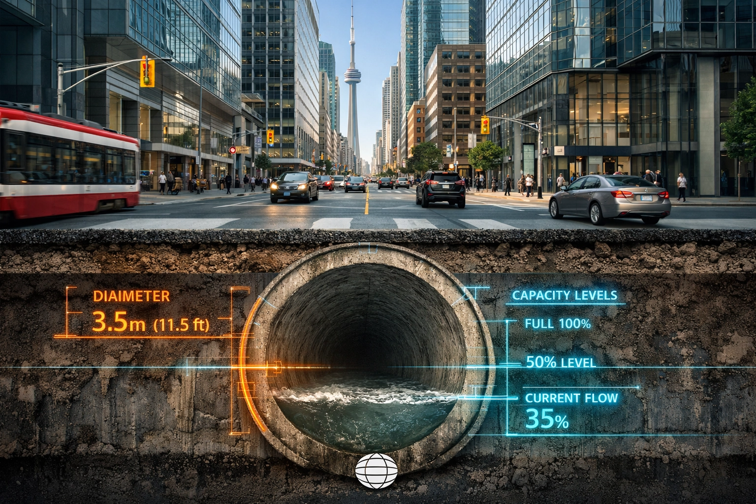Cross-section of a Toronto street showing an old municipal sewer pipe with capacity and flow data overlays.