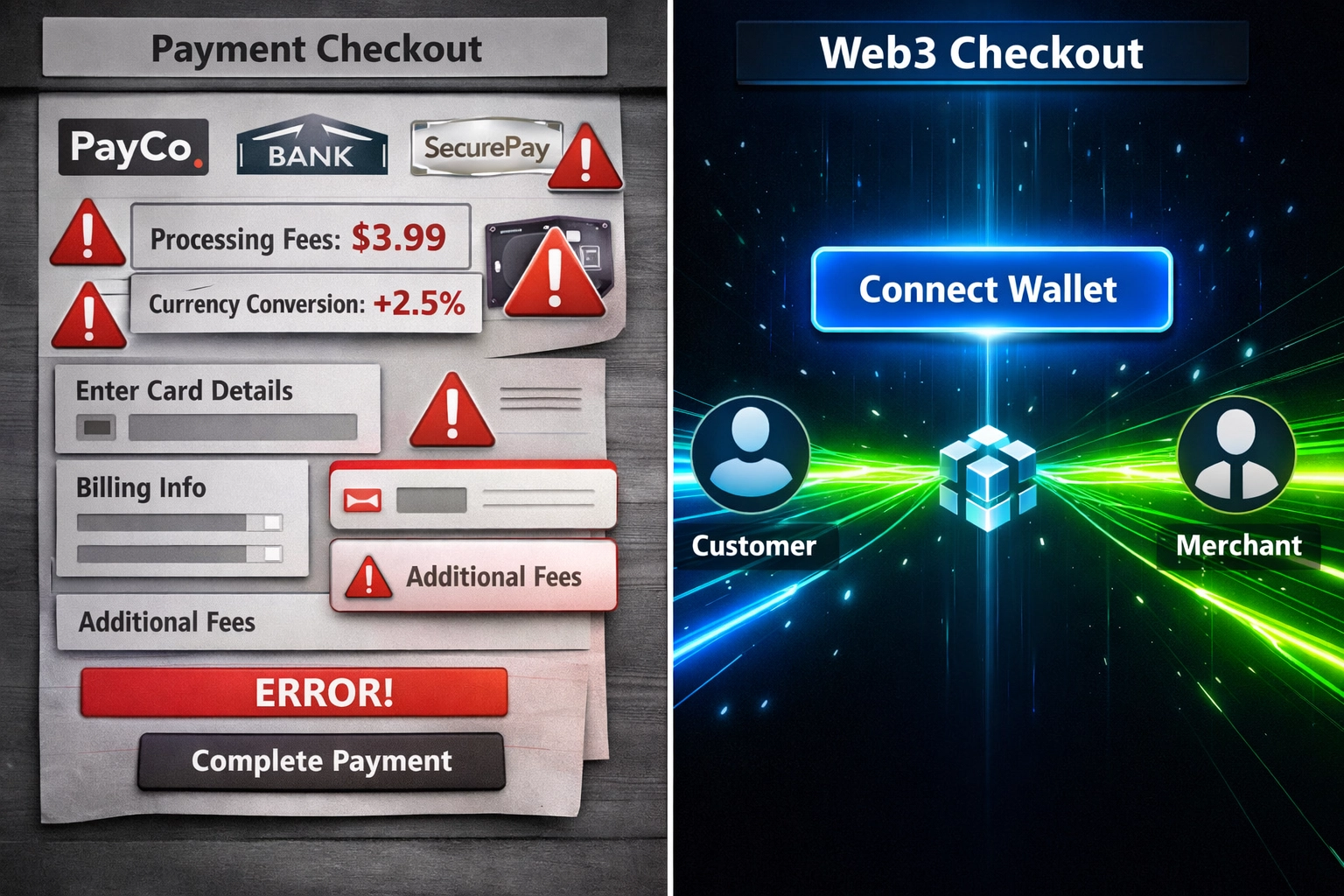 Traditional payment gateway vs Web3 direct blockchain checkout comparison showing fee differences