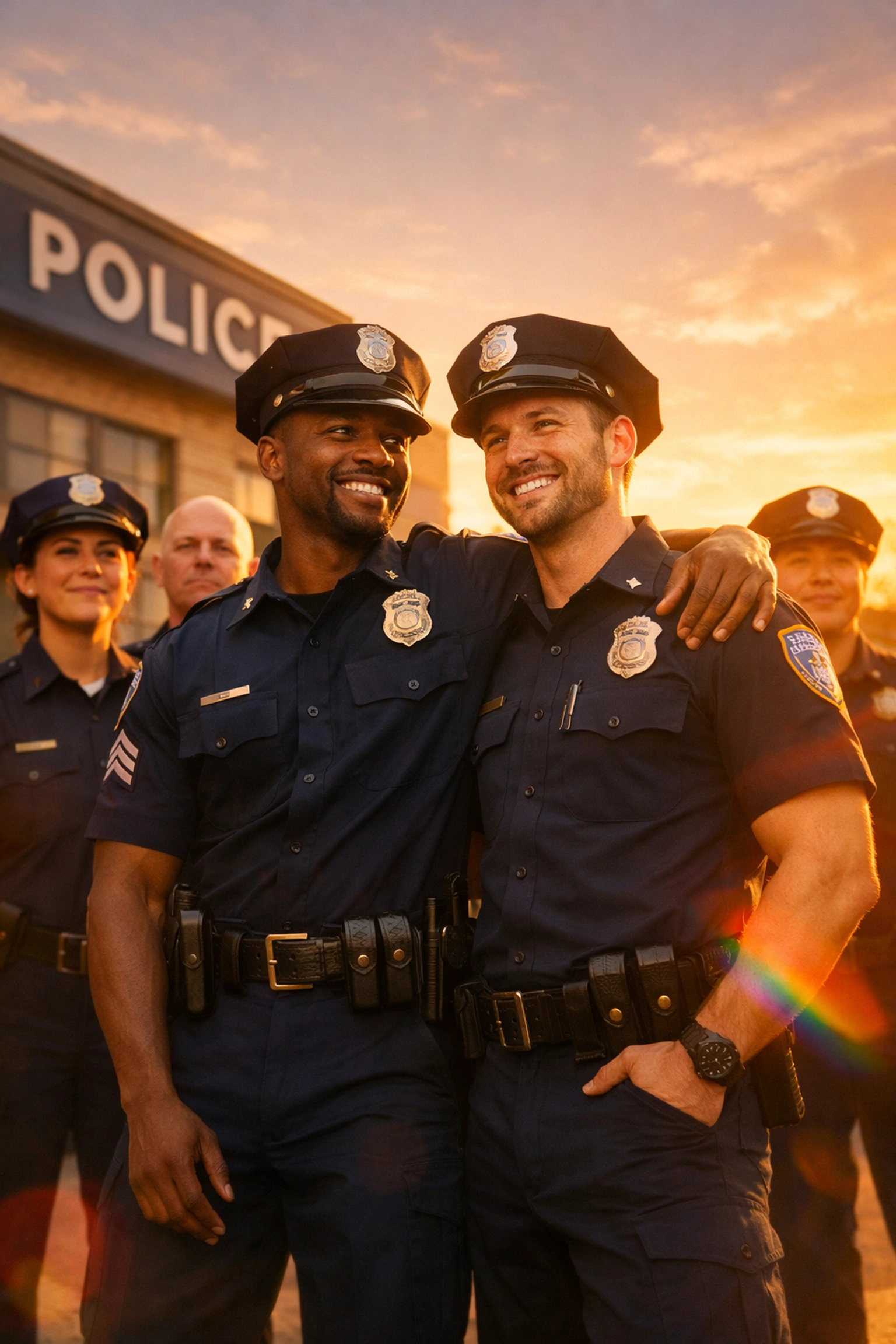 Diverse LGBTQ+ police officers showing unity and support in uniform