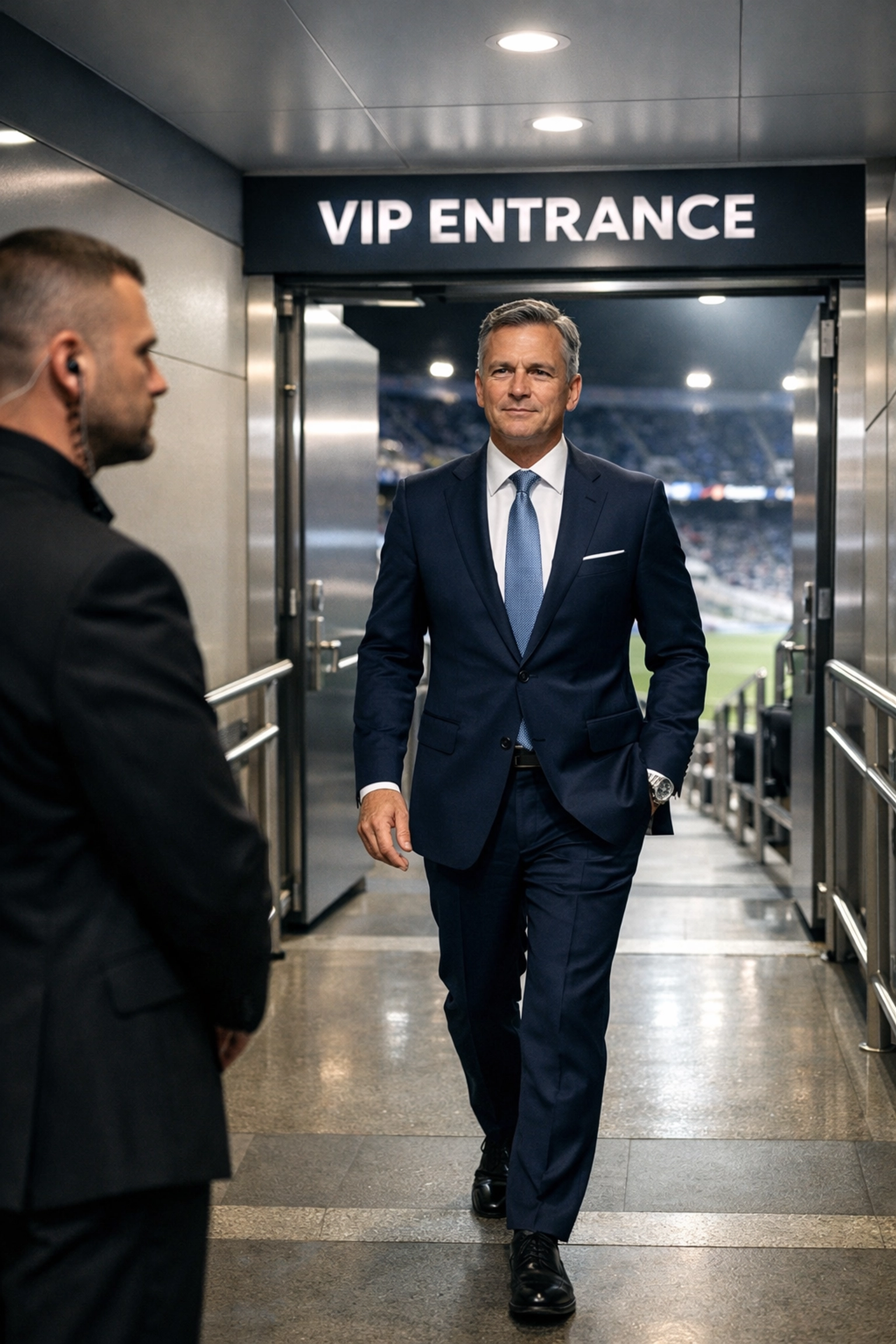 Executive entering VIP stadium entrance with security for Super Bowl corporate event