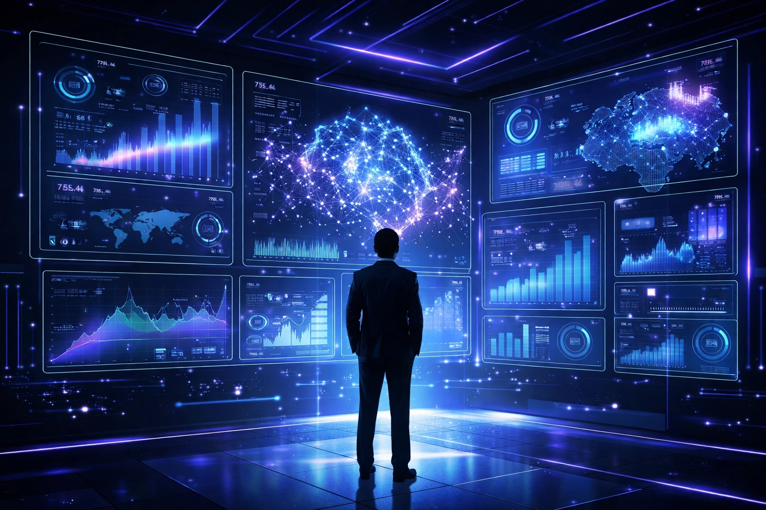 Business professional analyzing futuristic dashboards with analytics and AI, representing technology-driven asset management.