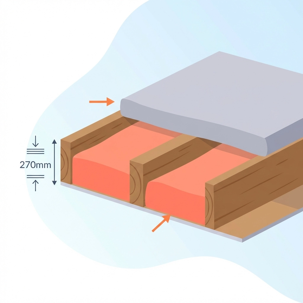 Cross-section of a loft showing two layers of insulation between and over joists to illustrate optimal loft insulation depth.
