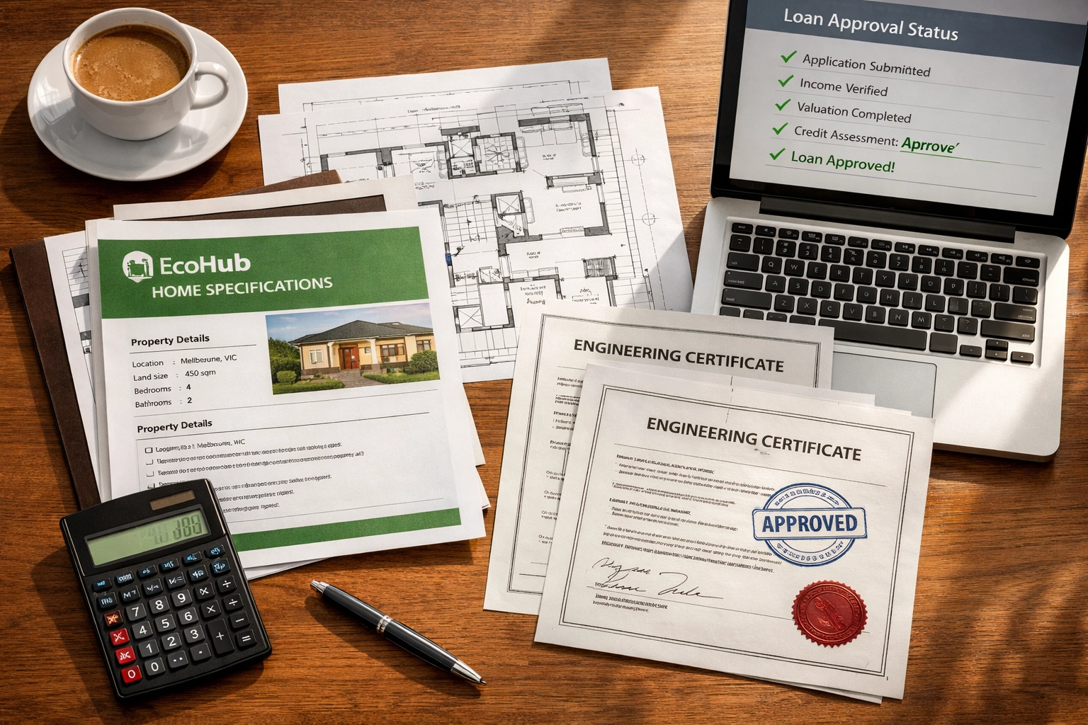 Mortgage broker desk with organized loan documents and modular home specifications