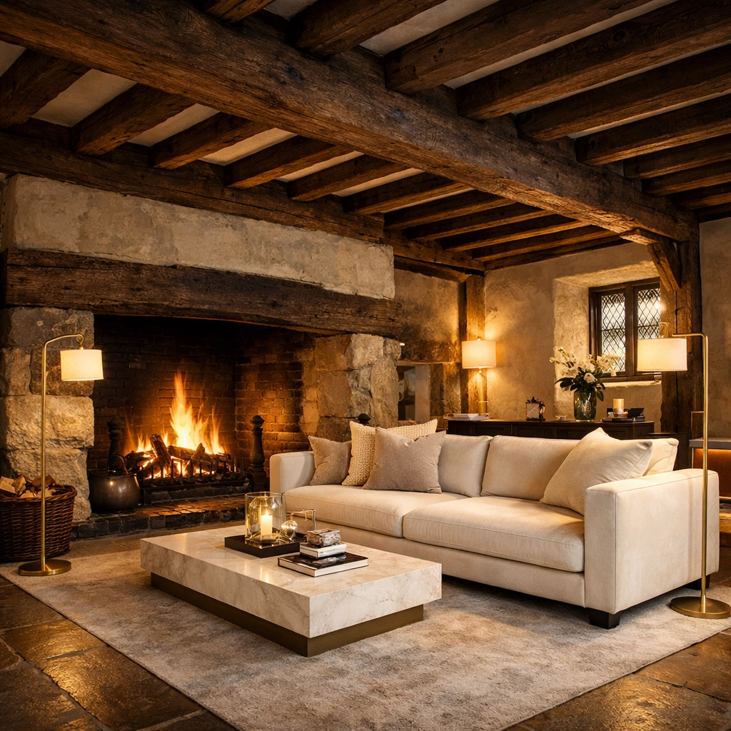 Modern luxury interior renovation in a listed building with original historic oak beams.