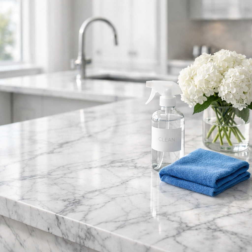 Polished marble kitchen island cleaned with eco-friendly products during Westwood estate cleaning.